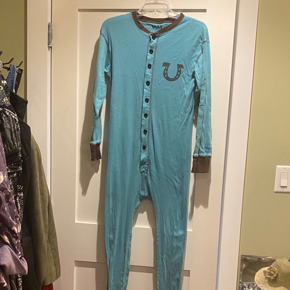 Lazy One Teal and Brown Long-john Pajamas. Onesies!